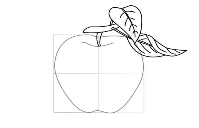 Step 2. Draw the apple leaves and the stick the apple hangs on